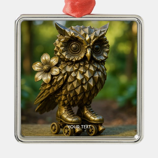 Fantasy Cute Brass Owl Skates Metal Ornament (Front)