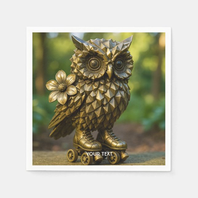 Fantasy Cute Brass Owl Skates Napkins (Front)