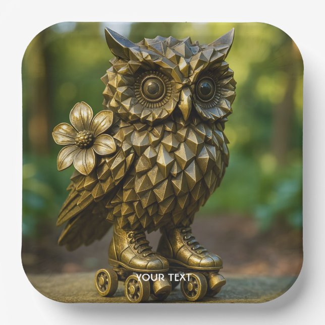 Fantasy Cute Brass Owl Skates Paper Plates (Front)