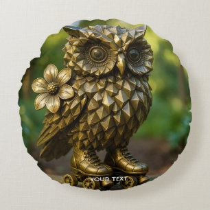 Fantasy Cute Brass Owl Skates Round Pillow