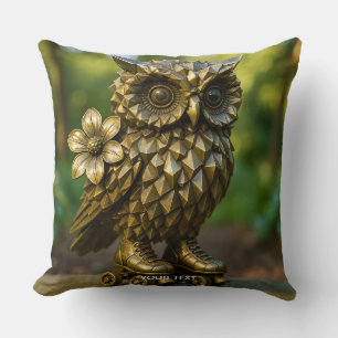 Fantasy Cute Brass Owl Skates Throw Pillow