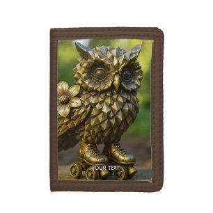 Fantasy Cute Brass Owl Skates Tri-fold Wallet
