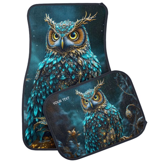 Fantasy Cute Brass Turquoise Owl Car Floor Mat (Set)