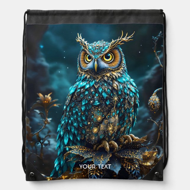 Fantasy Cute Brass Turquoise Owl Drawstring Bag (Front)
