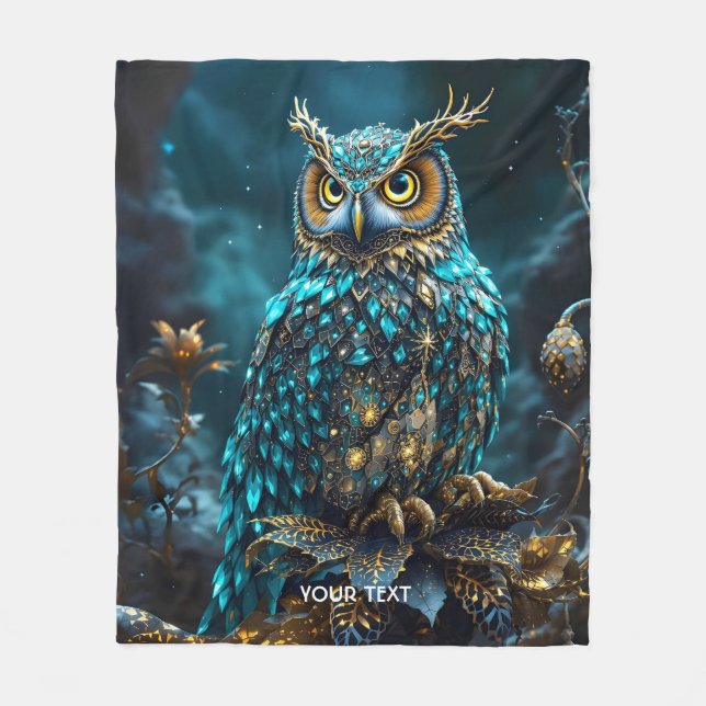 Fantasy Cute Brass Turquoise Owl Fleece Blanket (Front)
