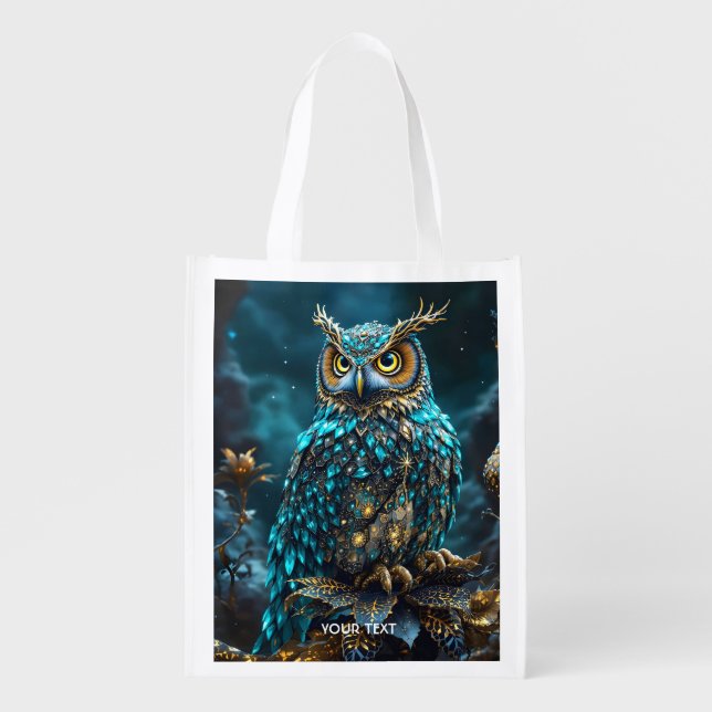 Fantasy Cute Brass Turquoise Owl Grocery Bag (Front)