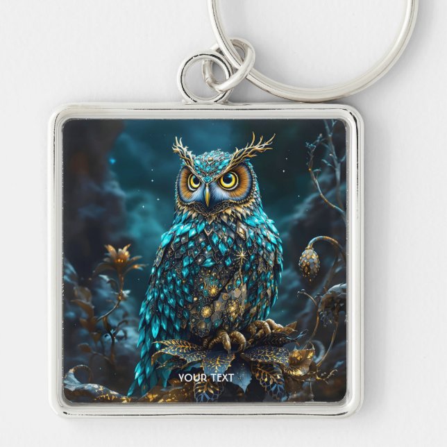 Fantasy Cute Brass Turquoise Owl Keychain (Front)