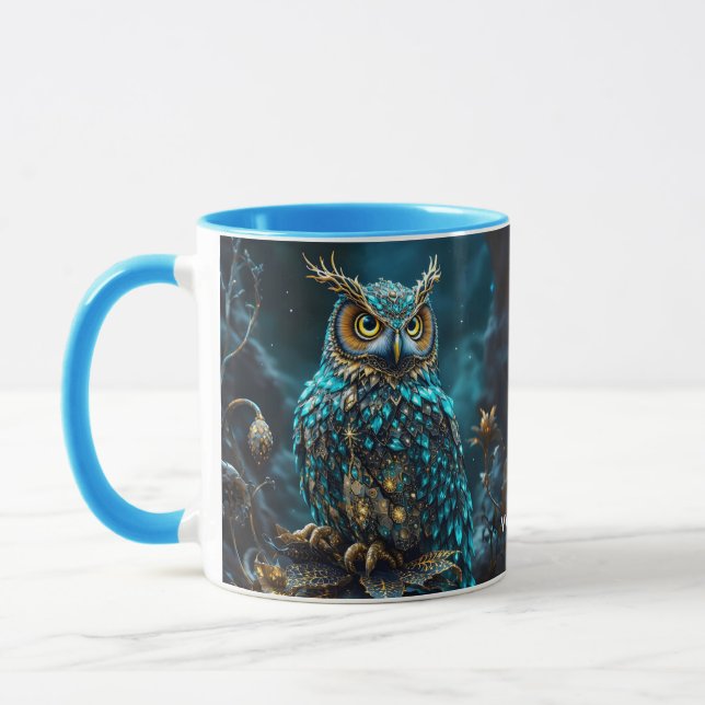 Fantasy Cute Brass Turquoise Owl Mug (Left)
