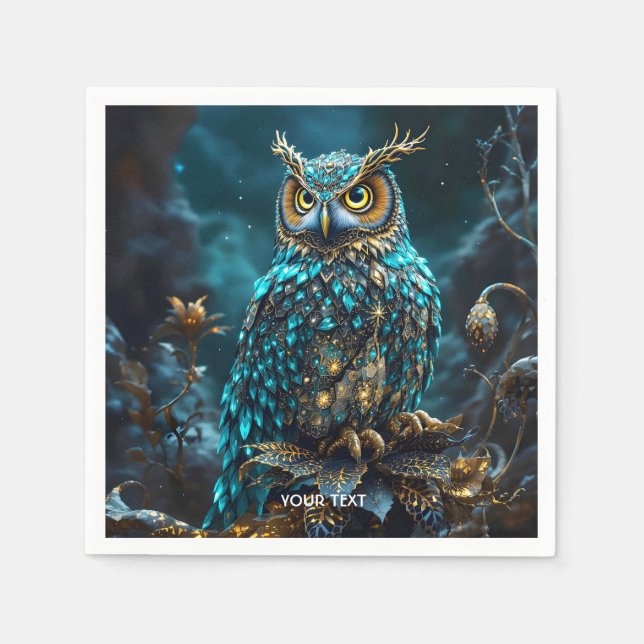 Fantasy Cute Brass Turquoise Owl Napkins (Front)
