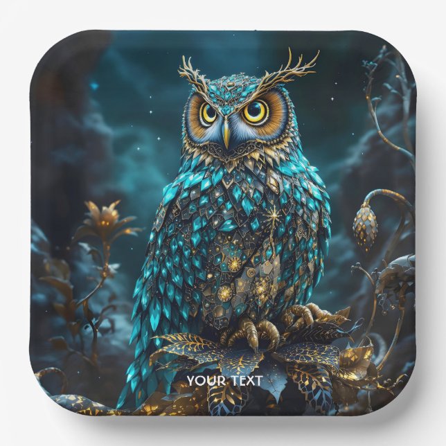 Fantasy Cute Brass Turquoise Owl Paper Plates (Front)