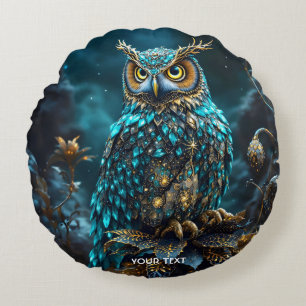 Fantasy Cute Brass Turquoise Owl Round Pillow