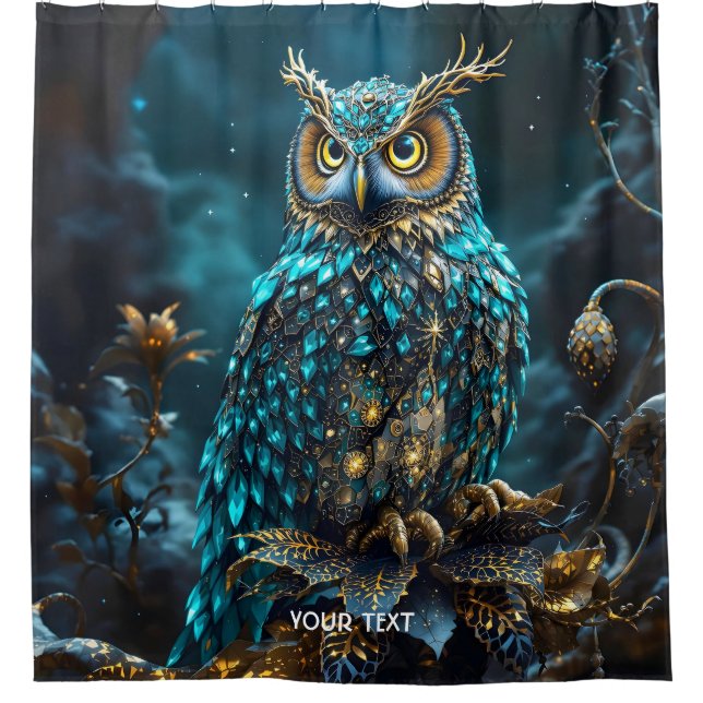 Fantasy Cute Brass Turquoise Owl Shower Curtain (Front)