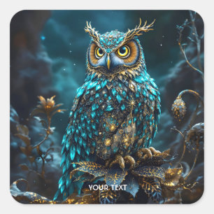 Fantasy Cute Brass Turquoise Owl Square Sticker