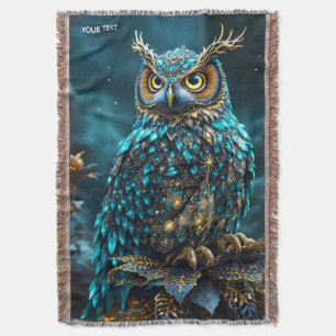 Fantasy Cute Brass Turquoise Owl Throw Blanket
