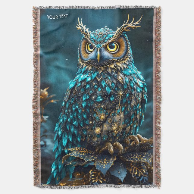Fantasy Cute Brass Turquoise Owl Throw Blanket (Front Vertical)