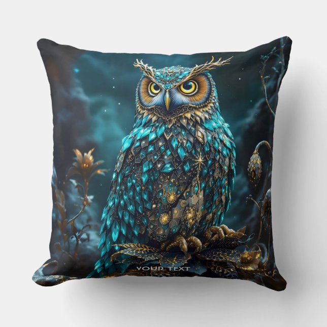 Fantasy Cute Brass Turquoise Owl Throw Pillow (Front)
