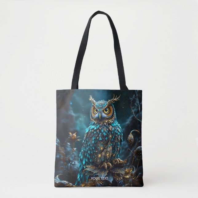 Fantasy Cute Brass Turquoise Owl Tote Bag (Front)
