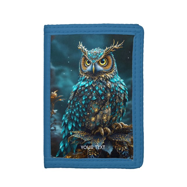Fantasy Cute Brass Turquoise Owl Trifold Wallet (Front Vertical)