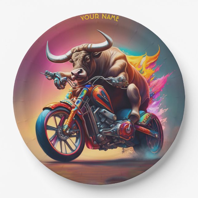 Fantasy Cute Bull Riding Bike Paper Plates (Front)