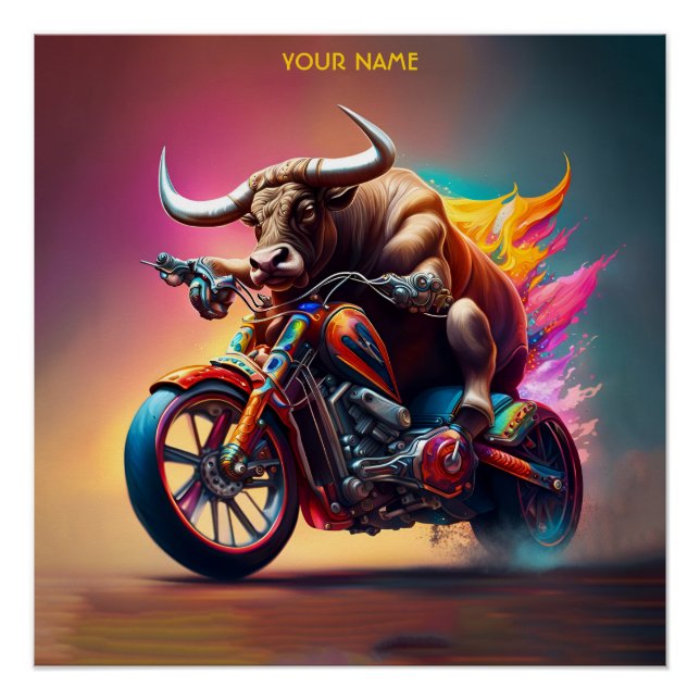 Fantasy Cute Bull Riding Bike Poster (Front)
