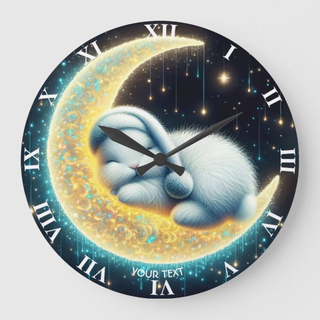 Fantasy Cute Bunny Crescent Moon Large Clock (Front)