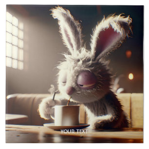 Fantasy Cute Bunny Drinking Coffee Ceramic Tile