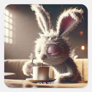 Fantasy Cute Bunny Drinking Coffee Square Sticker