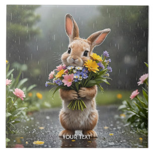 Fantasy Cute Bunny Flowers Rain Ceramic Tile