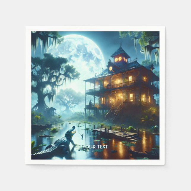 Fantasy Cute Cabin Lake Crocodile Napkins (Front)