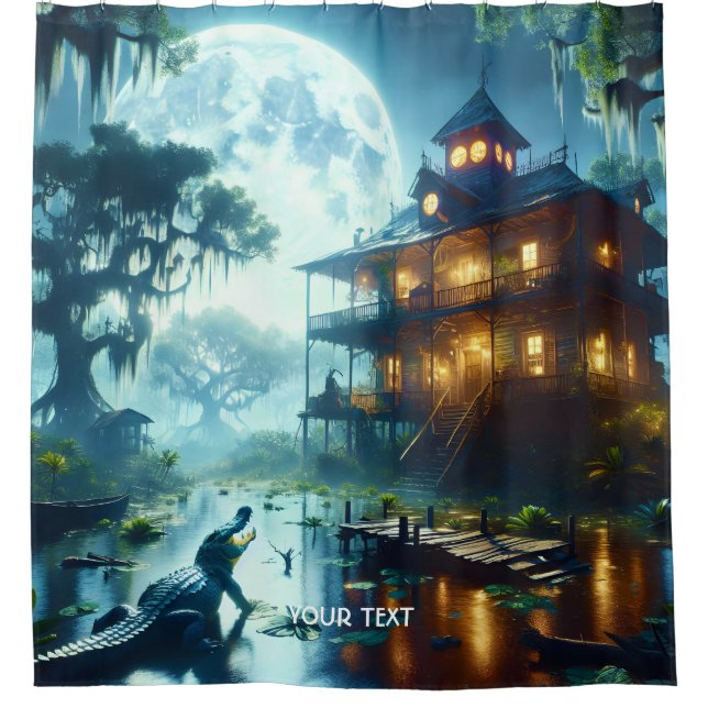 Fantasy Cute Cabin Lake Crocodile Shower Curtain (Front)