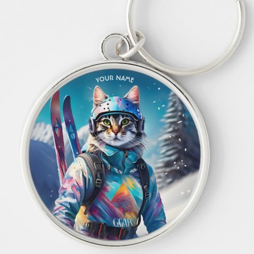 Fantasy Cute Cat Alpine Skis Keychain
