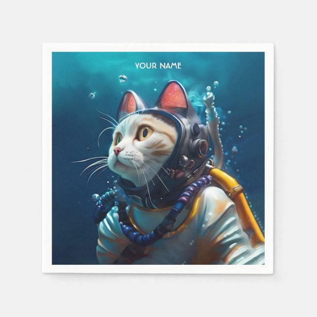 Fantasy Cute Cat Diver Diving Napkins (Front)