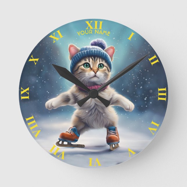 Fantasy Cute Cat Figure Skating. Round Clock (Front)