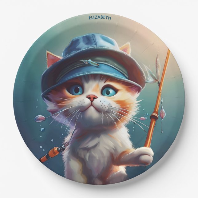 Fantasy Cute Cat Fishing Rod Paper Plates (Front)