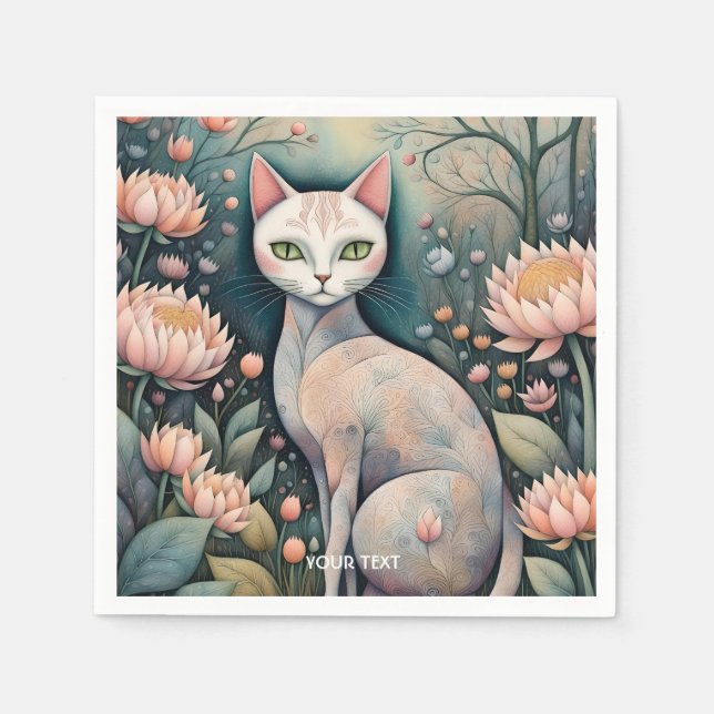 Fantasy Cute Cat Flowers Forest Napkins (Front)