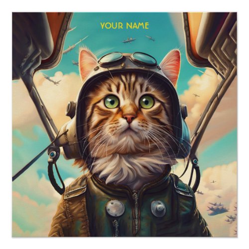 Fantasy Cute Cat Flying Airplane Poster