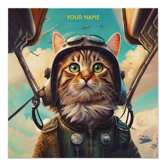 Fantasy Cute Cat Flying Airplane Poster (Front)