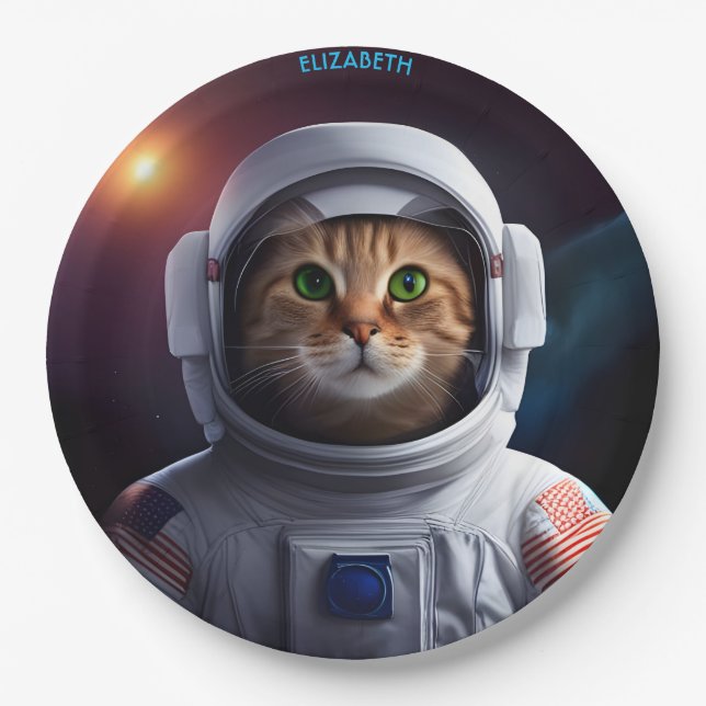 Fantasy Cute Cat In Astronaut Spacesuit Paper Plates (Front)