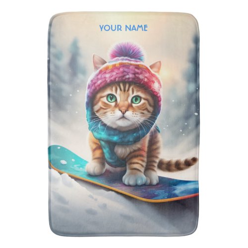 Fantasy Cute Cat On Snowboard Bath Mat