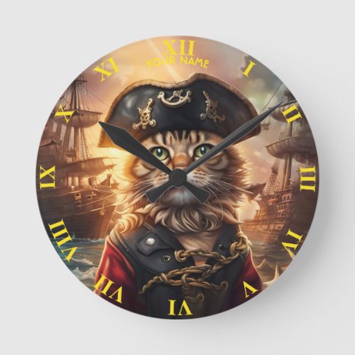 Fantasy Cute Cat Pirate Hat Round Clock