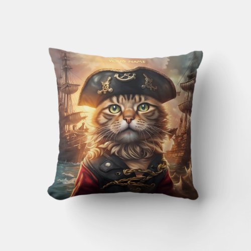 Fantasy Cute Cat Pirate Hat Throw Pillow