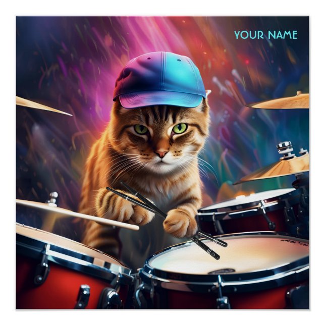Fantasy Cute Cat Playing Drums Poster (Front)
