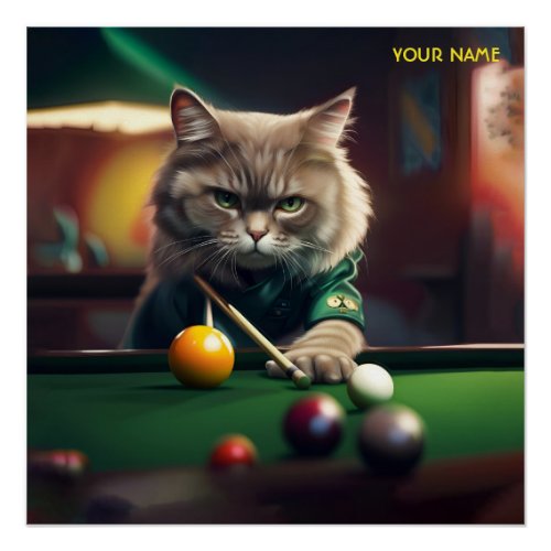 Fantasy Cute Cat Playing Snooker Poster