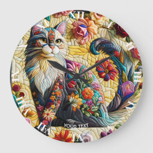 Fantasy Cute Cat Stained Glass Large Clock