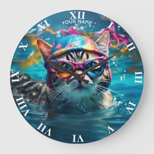 Fantasy Cute Cat Swimming Pool Large Clock