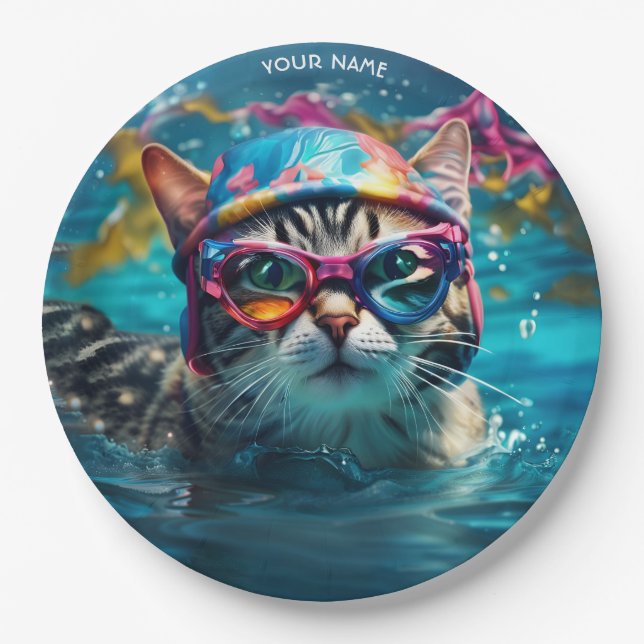 Fantasy Cute Cat Swimming Pool Paper Plates (Front)