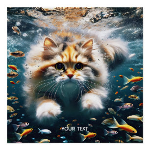 Fantasy Cute Cat Swimming Underwater Poster