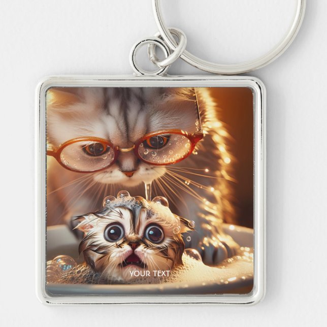Fantasy Cute Cat Washing Kitten Keychain (Front)