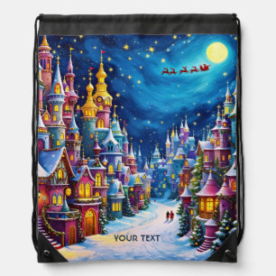 Fantasy Cute Christmas Eve Town  Drawstring Bag