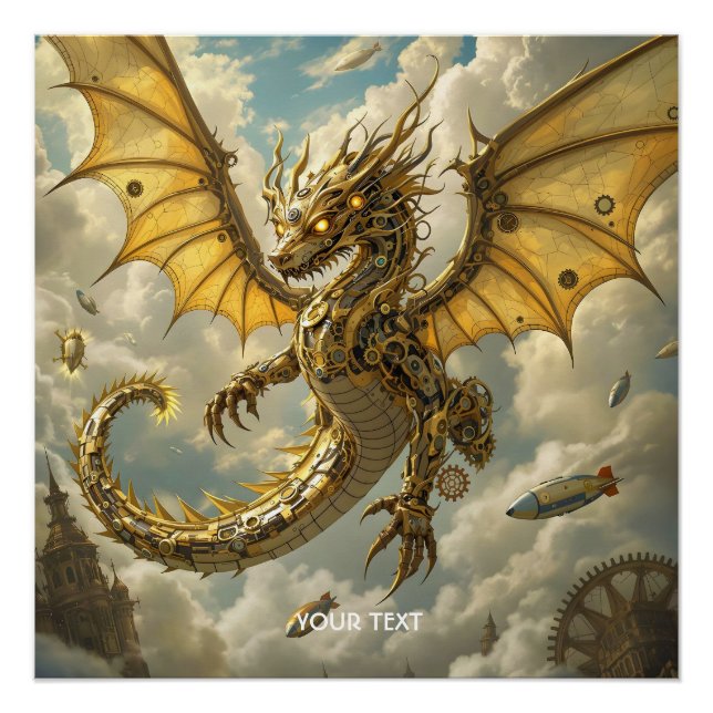 Fantasy Cute Clockwork Dragon Skies Poster (Front)